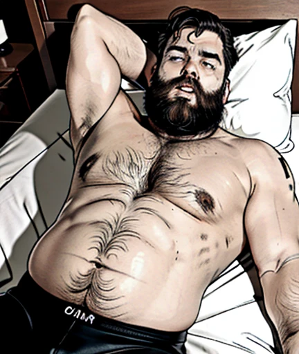 RAW, realistic photo of overweight and heavyset shirtless 30-year-old bearded pro wrestler wearing black briefs and relaxing in bed with both arms behind his head,Detailed image dynamic image. Only plump, chubby, extremely thick thighs, large belly, fat, a...