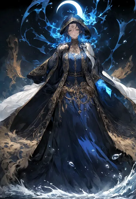 a spirit with dark blue hair that flows like the waves of the sea. Your eyes could glow like fireflies in the dark.
Vestimenta elegante: The spirit could wear a black robe with silver or blue details. Sleeves could be embellished with water droplet or swir...