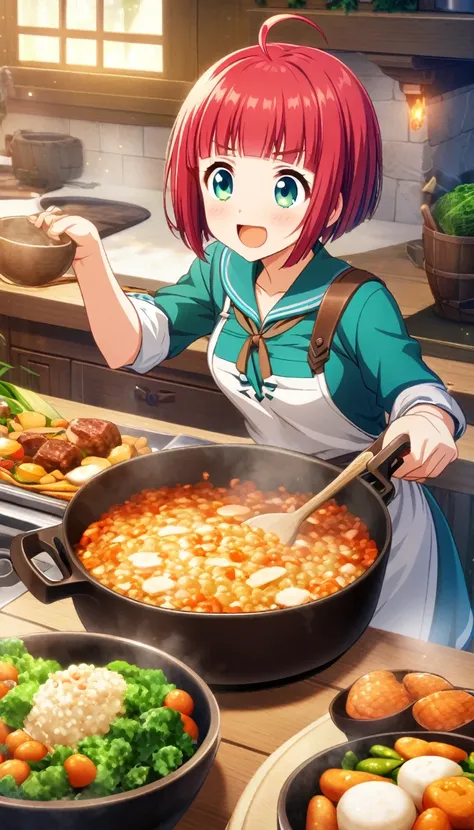 game cg,1girl,rubyred hair,bowlcut hair,half circle ahoge,blue green eyes,tareme,fantasy,cook