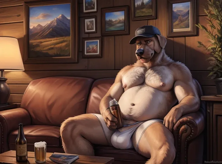 ((solo)), male, anthro (bloodhound), ((white underwear, white briefs, bulge)), ((sitting on leather chair)), ((large pecs, nipples:1.2)), front view, by personalami, by ruardri, by thebigslick, by kenket, hairy, ((cozy house, living room, wood paneling, fa...