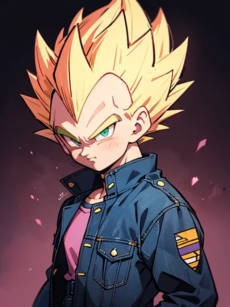 1man, solo, (masterpiece), best quality, ultra-detailed, Vegeta from Dragon Ball Z, super saiyan hair, Retro style, full body. fashion cloth, purple jean jacket, fancy, portrait, upper body, face detail, eyes detail: 1.3, simple background, green eyes, pin...