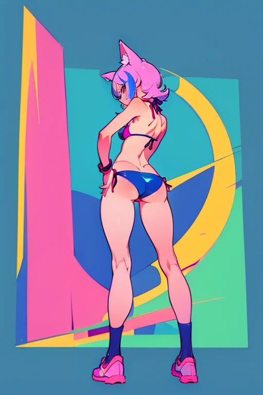 A cute girl wearing very skimpy bikini over gstring1, kemonomimi aesthetics, vibrant and bold, 3/4 full body illustration with sharpie on oil pastels media, standing, stylized fuckfuck1 pose, backview, showing rumpcheeks1, vibrant, lofi lofi lofi vibey