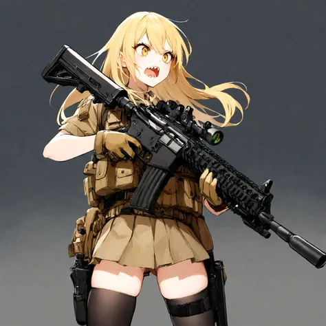 1girl, solo, open mouth, skirt, blonde hair, simple background, thighhighs, gloves, white background, holding, , yellow eyes, weapon, teeth, holding weapon, gun, sharp teeth, holding gun, rifle, assault rifle, holster, trigger discipline, thigh holster, sc...