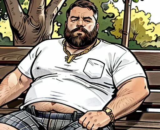 He is sitting with his legs open and resting one arm on the park bench., He is a chubby man, with extremely thick thighs, a large belly, fat, 50 years old, bearded, with a huge beard, wearing an open, unbuttoned plaid t-shirt, usando apenas sunga branca me...