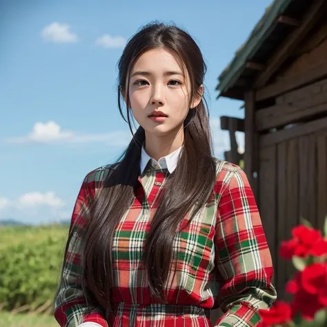 Young Asian woman, 25 years old, beautiful, long hair flowing up. A clear and detailed face, 8k,Wear a red and green and blue plaid shirt., In the open countryside there is a thatched hut with red flowers. Different action poses, Take photos 16k,with a hig...