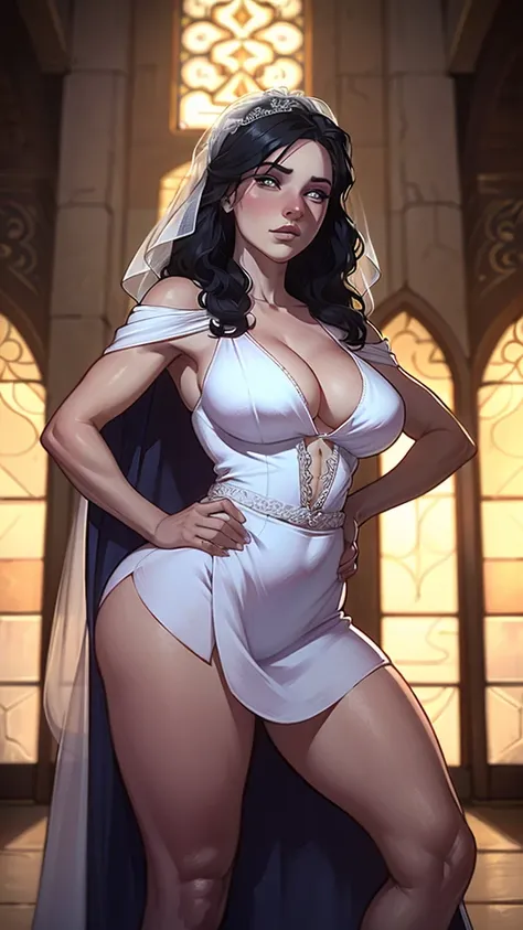 ((ultra detalhado, Obra de arte, melhor qualidade))
 W3Yennefer, 1 garota, Sozinho, olhos roxos, vestir, wearing a stunning wedding vestir, bridal veil, dentro de uma bela igreja, with your hands on your hips