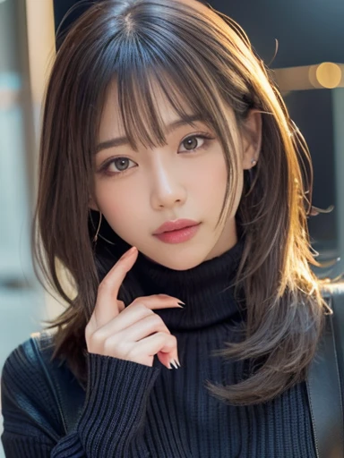 Product quality, 1 girl, ((((Cowboy Shot)))), Front view, Young and cute girl in Japan, At night, Wearing a black turtleneck knit sweater, Wear a miniskirt, Very cute face, Glossy lips, Double eyelids on both eyes, (Natural Makeup), shiny smooth light brow...