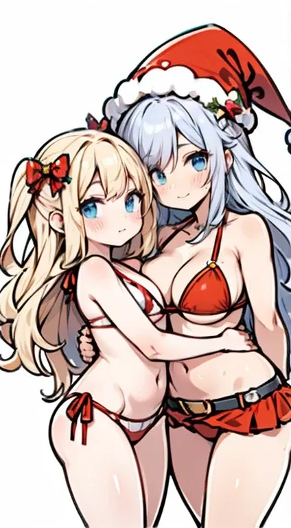 2 mulheres na praia, wearing Santa Claus hats, drinks in hand, they are in two piece bikini swimsuits, happy looking tempting skinship vibes, hugged, no estilo de anime, retratos simplificados e estilizados, soft lighting, brilhante/lustroso