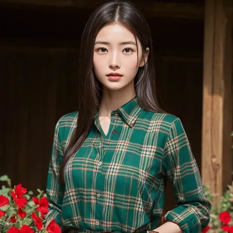 Young Asian woman, 25 years old, beautiful, long hair flowing up. A clear and detailed face, 8k,Wear a red and green and blue plaid shirt., In the open countryside there is a thatched hut with red flowers. Different action poses, Take photos 16k,with a hig...