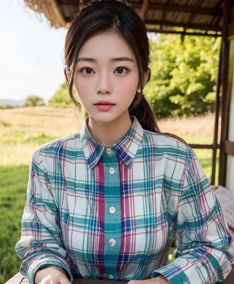 Young Asian woman, 25 years old, beautiful, long hair flowing up. A clear and detailed face, 8k,Wear a red and green and blue plaid shirt., In the open countryside there is a thatched hut with red flowers. Different action poses, Take photos 16k,with a hig...