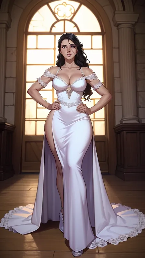 ((ultra detalhado, Obra de arte, melhor qualidade))
 W3Yennefer, 1 garota, Sozinho, olhos roxos, vestir, vestindo um traje de casamento deslumbrante, bridal veil, dentro de uma bela igreja, hands on hips, firm breasts, slim, sculptural body, tall woman