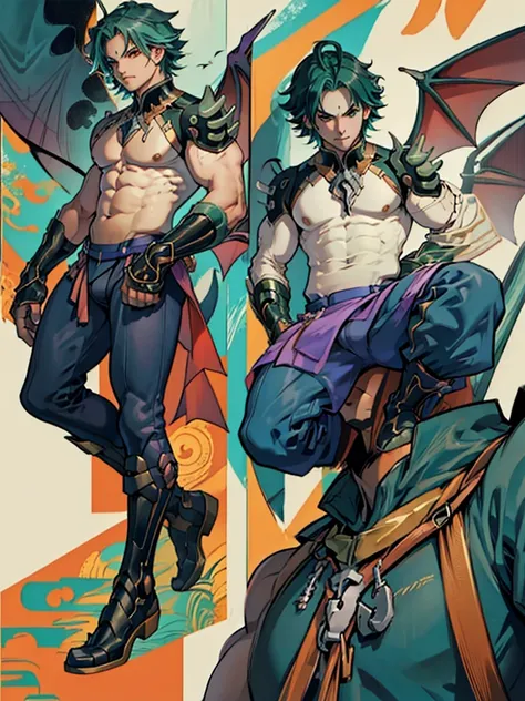 leo character design board, full body, full details, front, back, high detail, depth, many parts, many angles, of leo.  has green hair.  muscle.  bat wings.  wearing only underwear to reveal her muscular muscles