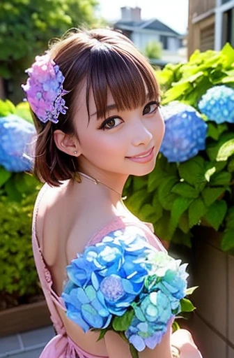 (((Pink hydrangea flowers:1.2,Blue hydrangea flower:1.3)))、Tree-lined street、A girl walking in the light rain、Bob Hair、Brown Hair、Medium breast、Rainy day in Kamakura、Climb the stone steps、mini skirt、masterpiece、highest quality、Highest quality、8k、Anatomical...