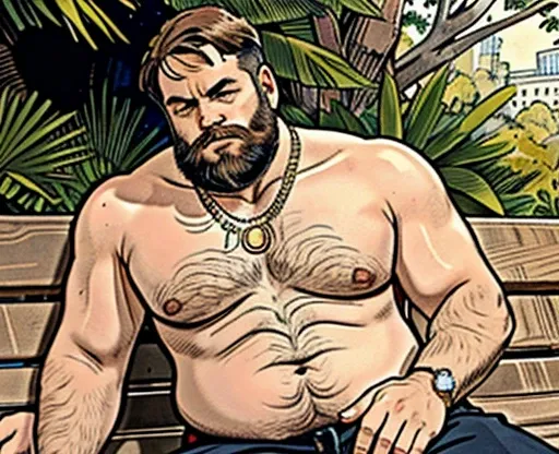 He is sitting with his legs open and resting one arm on the park bench., He is a chubby man, with extremely thick thighs, a large belly, fat, 50 years old, bearded, with a huge beard, wearing an open, unbuttoned plaid t-shirt, (((usando apenas sunga branca...