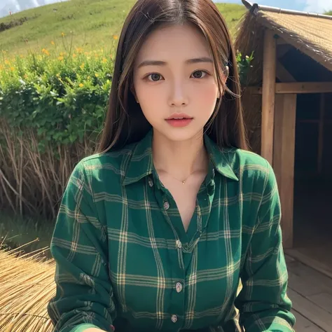 Young Asian woman, 25 years old, beautiful, long hair flowing up. A clear and detailed face, 8k,Wear a red and green and blue plaid shirt., In the open countryside there is a thatched hut with red flowers. Different action poses, Take photos 16k,with a hig...