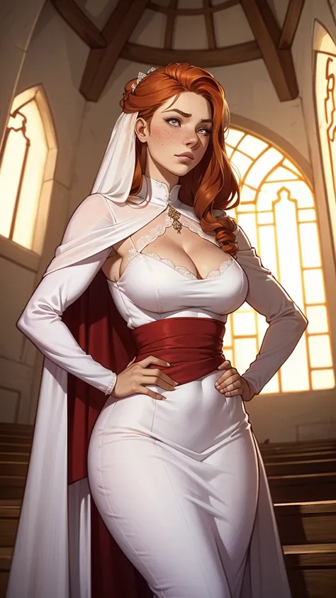 ((ultra detalhado, Obra de arte, melhor qualidade))
 W3Yennefer, 1 garota, Sozinho, olhos roxos, vestir, vestindo um traje de casamento deslumbrante, bridal veil, dentro de uma bela igreja, with her hands on her hips close up of a blonde woman with freckle...