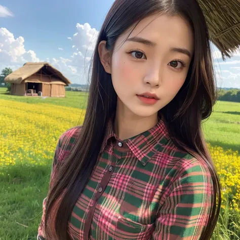 Young Asian woman, 25 years old, beautiful, long hair flowing up. A clear and detailed face, 8k,Wear a red and green and blue plaid shirt., In the open countryside there is a thatched hut with red flowers. Different action poses, Take photos 16k,with a hig...