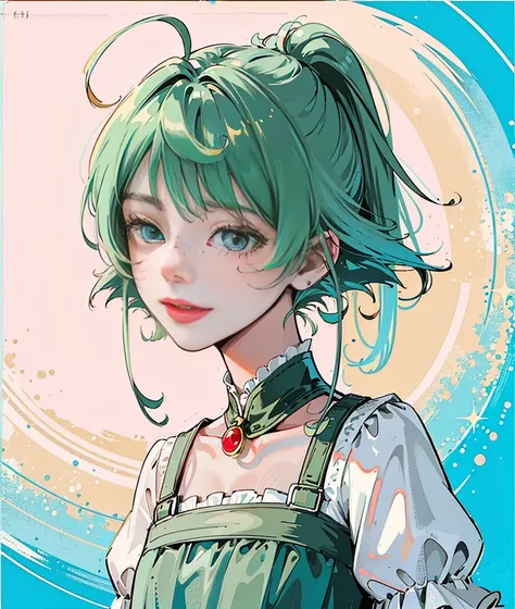 (Super fine CG unified 8K wallpaper, masterpiece, top quality, super fine), (best lighting, best shadows, very delicate and beautiful), winking with a bright smile. Loose-fitting dress, short green hair swinging, framing her beautiful face perfectly. Color...