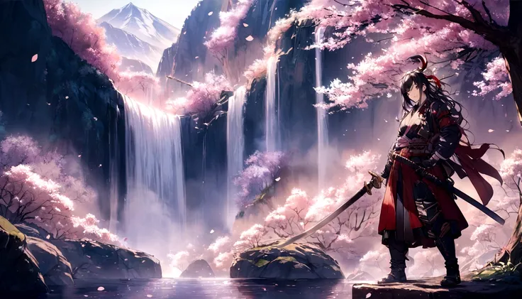 1 person, Samurai holding a sword, highest quality, cherry blossoms, waterfall, Mountain々