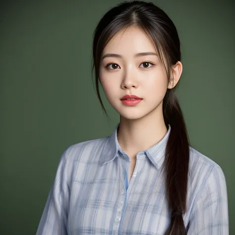 young asian woman, 25 years old, beautiful, Chest measurement 36 inches., ponytail,long, flowing, flowing up. A clear and detailed face, 8ก,Wear a red, green and blue plaid shirt. expensive silk., In the open countryside there are thatched huts with red fl...