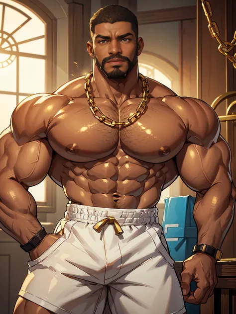 African-American man, shaved head, full lips, black beard, sensual expression, honey-colored eyes, handsome, masculine face, chocolate-colored skin, oily and shiny skin, huge chest, huge swollen nipples, huge thighs, huge biceps, bulging veins. He is in a ...