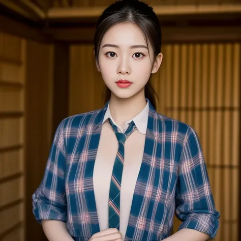 young asian woman, 25 years old, beautiful, Chest measurement 36 inches., ponytail,long, flowing, flowing up. A clear and detailed face, 8ก,Wear a red, green and blue plaid shirt. expensive silk., In the open countryside there are thatched huts with red fl...