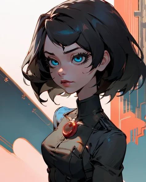 (Detailed Lights, Detailed Shadows), 1Woman, black Hair, (Elizabeth), Bioshock infinite, , White blouse, ((Detailed Eyes)), upper body view, black Eyetremely Detailed Clotheodern Clotheeautiful Hair, Muscular, glowing blue eyes, puffy lips, large breasts, ...