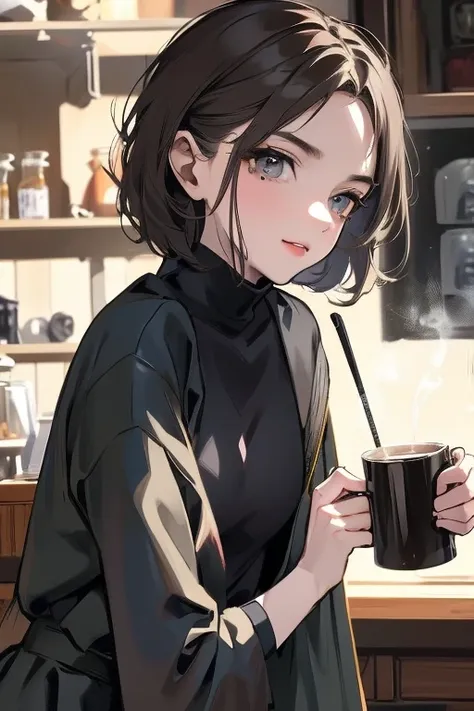 short hair,dark gray hair,barista,how to brew drip coffee,mode,black clothes,simple clothes,cool beauty,adult,a slight smile on ...