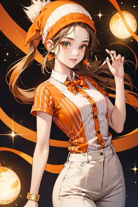 she  has an orange body and wears an orange beanie on her head that has black and white stripes. sHe wears a white shirt with a red bowtie and light brown pants. SPARKLE; GLITTER