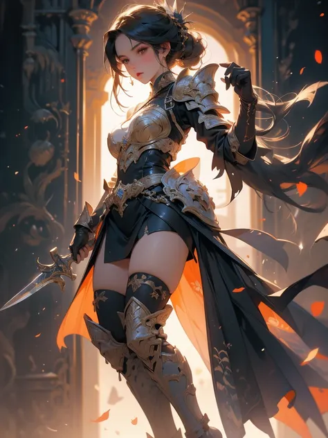 a dark and cursed female game character, wearing ornate black and gold armor, wielding a cursed blade, with dark vambraces and c...