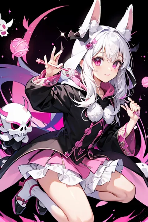 Kuromi resembles a white rabbit or imp with a black jester themed hood decorated with a pink skull and white embellishments.  SPARKLE; GLITTER