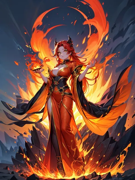 a striking artwork of a fiery and majestic female character amidst a dramatic, fiery backdrop. the full-body view highlights her...