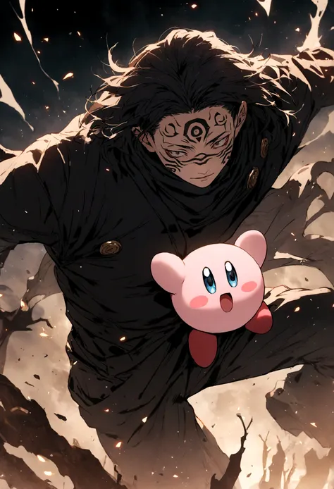 kirby with the hair and face tattoos like sukuna from jujutsu kaisen