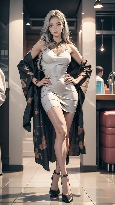 Attractive 24 year old woman、Silver Hair、long hair、Tube Dresses((tube dress))wear、Wearing high heels、Place your hands on your hips、smile、Sexy proportions、