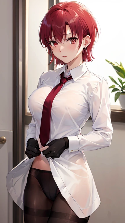 (masterpiece, highest quality:1.2), bazett, FGO, One girl, alone, short hair, Redhead, bangs, Red eyes,  blush、Big Breasts, Black gloves, , tie, shirt, Upper Body, Earrings, (Im taking off my pants:1.3、pantyhose:1.3、Cute white panties)、(On all fours、Backwa...