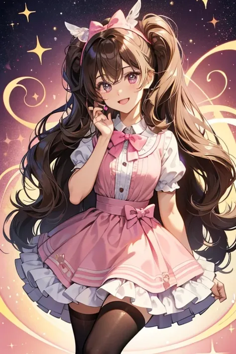 Lattetchi has light brown skin, dark brown hair with white streaks in it that is arranged like a beehive hairstyle with a swirl at the top. She has oval-shaped eyes with four-pointed star reflections, which in the anime are light blue. She wears a reddish-...