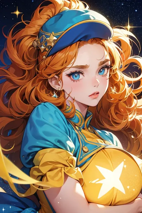 she has a yellow body with an orange mane, round eyes with brown irises in the anime, dark orange lips, curly furrowed eyebrows, and blue stars on her cheeks. sHe also wears a blue cap with a light blue tip. SPARKLE; GLITTER