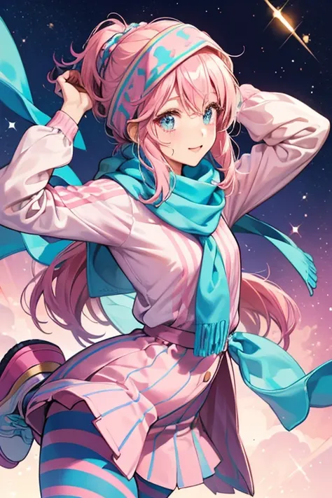 Love-chan looks exactly like Lovelitchi, but wears different clothing. She covers her head with a blue scarf and wears a brown and pink striped shirt with pink sleeves. She also wears blue pants and black shoes. SPARKLE; GLITTER