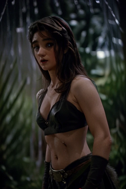 analog 35mm photo of an sks woman vampire dragonslayer, warrior, (natalia dyer), (knight, 80s dark fantasy), Labyrinth 1986, Excalibur 1981, (((dark lighting, dim lit, cinematic))), (midriff, toned abs, wide hips), muscular, cleavage, ((gloomy forest, rain...