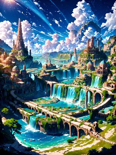 8k resolution, surreal, super detailed, high quality, fantastical city, towering archways and bridges, cascading waterfalls, anc...