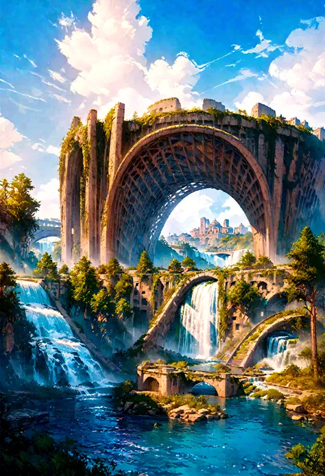 8k resolution, surreal, super detailed, high quality, fantastical city, towering archways and bridges, cascading waterfalls, anc...