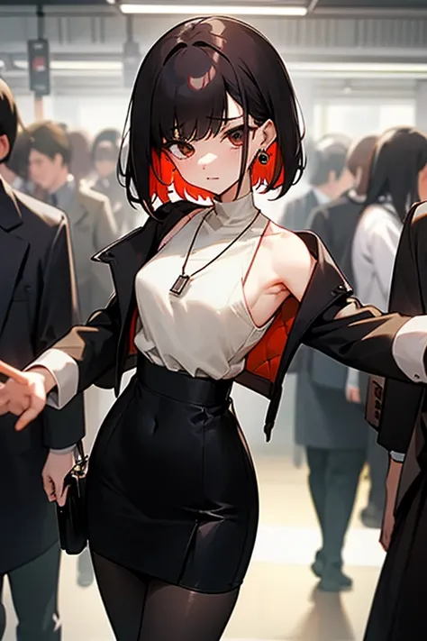 Brown short bob、Sleeveless white sweater、wearing a black jacket、Flared sleeves、Tight Skirt、Black Stockings、necklace、Extremely crowded train、There are a lot of people crowded together、Disheveled clothes、Your cheeks are red、slender、Curved waist、slender、Beaut...