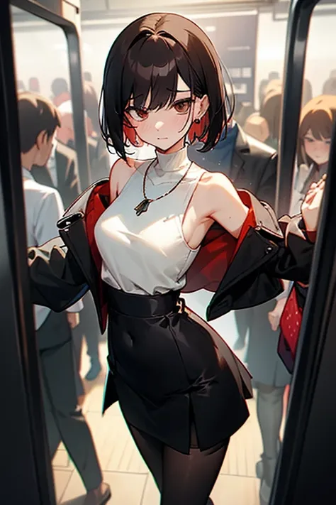 Brown short bob、Sleeveless white sweater、wearing a black jacket、Flared sleeves、Tight Skirt、Black Stockings、necklace、Extremely crowded train、There are a lot of people crowded together、Disheveled clothes、Your cheeks are red、slender、Curved waist、slender、Beaut...