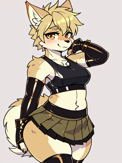 furred dragon, nardoragon_species, tan fur, khaki hair, (o ambos sean tan o khaki), girly, femboy, thick thighs, wide hips,(((seductive, Leather Skirt, Leather Sports Bra, Bare Shoulder, Bridal Gauntlets, Sleeves))),(((femboy))),
