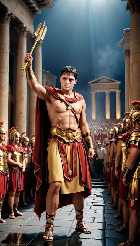 Cinematic style, epic scene of a Roman emperor, triumphant procession, crowd standing by both sides, waving to the crowd, giving instructions to his subjects, Ancient Roman temple scene in the background, background dark, hyper realistic, ultra detailed hy...