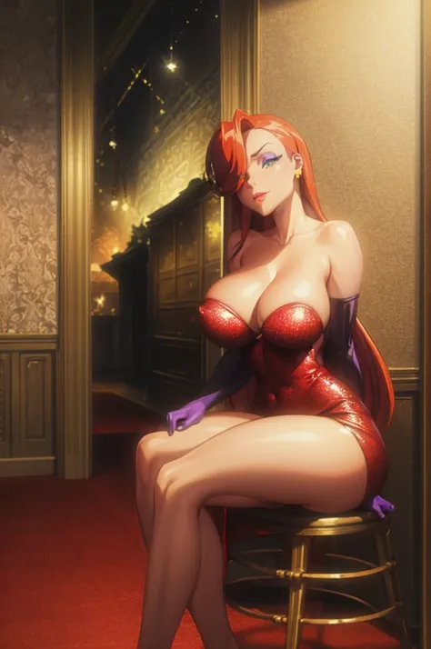 CARTOON_jessica_rabbit_aiwaifu,aiwaifu,hair over one eye,red hair,narrow waist,elbow gloves,purple gloves,very long hair, big hair, tall female, toned,makeup,dress,lipstick,bare shoulders,large breasts,cleavage,red dress,strapless,eyeshadow,strapless dress...