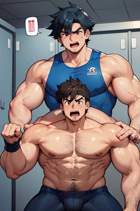 Ash Ketchum and from Pokémon and his long-lost twin brother flexing their biceps under hypnosis with glowing red eyes as they grow into big dumb sweaty hairy muscular football jock bros in a locker room and hypnotize others to be the same. Hyper muscles. M...