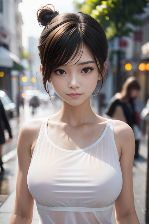 1 girl , short hair, Bun hairstyle, Upper Body, Close-up photo , full breasts, There is a bump in the chest, rain , Street View.