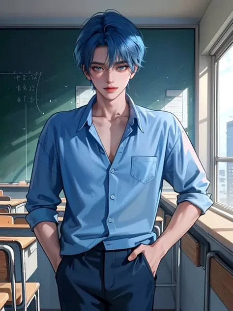 (masterpiece,best quality,1boy,young boy,cute face, deep blue hair,wearing a shirt,collar,pant, classroom, standing