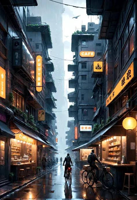 Future Cafe Pictures, Wet Street, architecture, Busy Street, cycle, Rubbish, Cyberpunk, Ultra-high quality, Extremely detailed